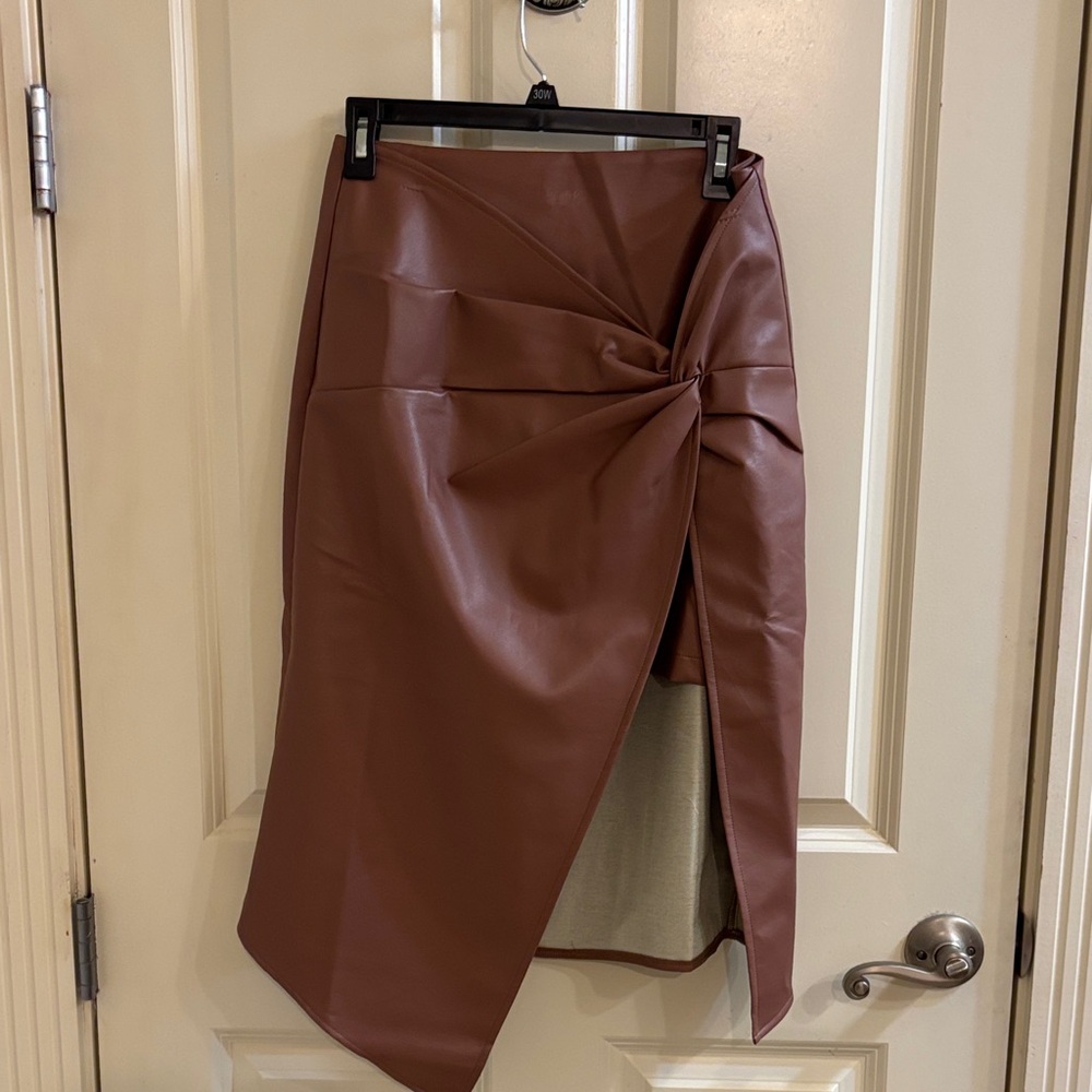 Pink Lily Asymmetrical Brown Faux Leather Skirt